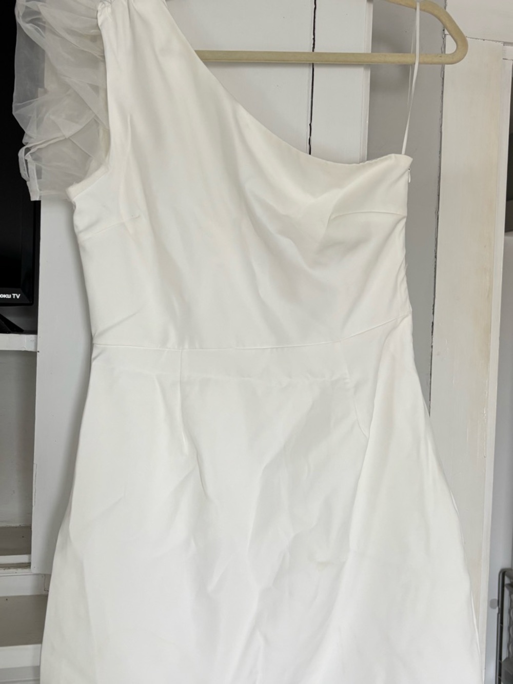 One-Shoulder White Dress with Tulle Accent